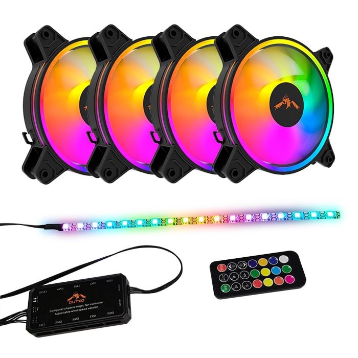 DUTZO RGB Kit 4 - 4x RGB blæsere + 1x LED strip + fjernbetjening & controller - 120mm - Sort med RGB LED lys - 24 dBA