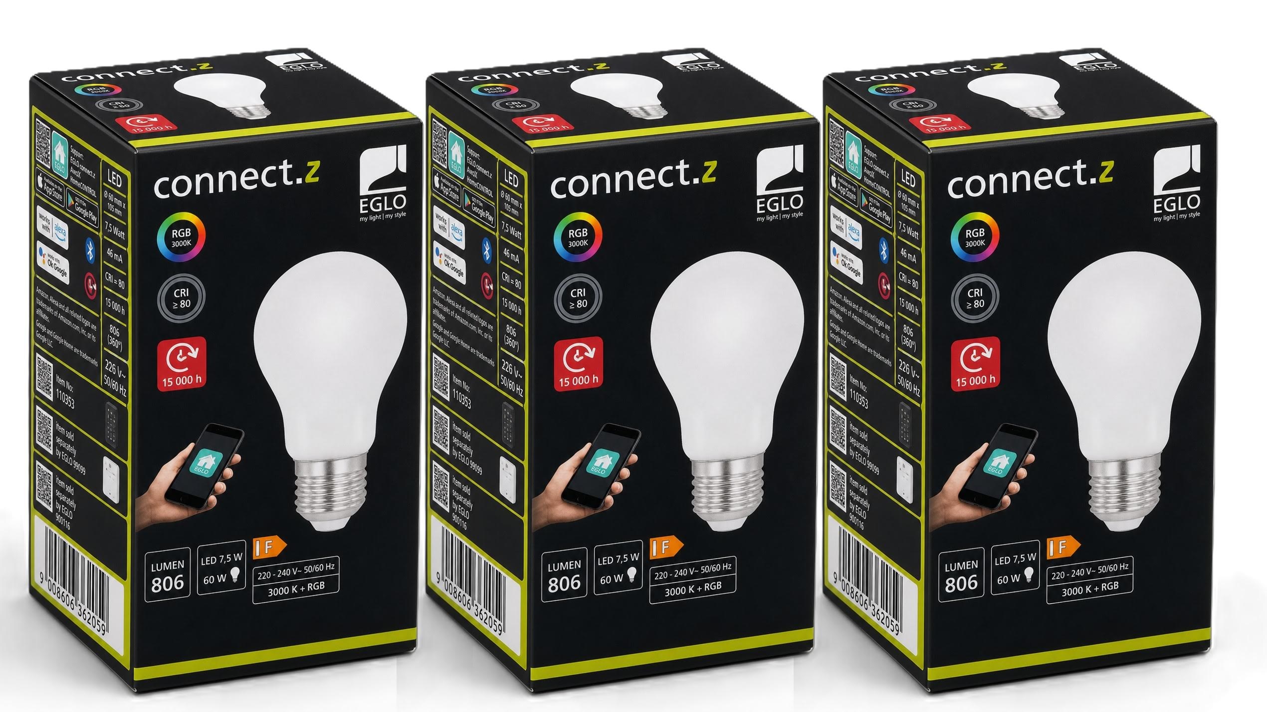 EGLO CONNECT.Z E27 A60 opal SMART pære M/FARVER(RGB) OG VARM HVID LYS- 3 pak Smart Home 8501066