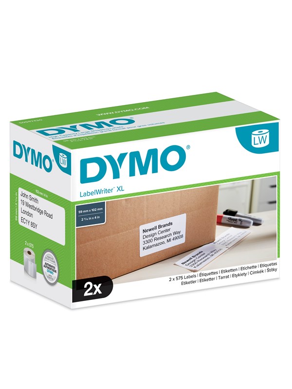 DYMO LabelWriter højkapacitet stor forsendelsesetiket | 102mm x 59mm | 2 ruller x 575 stk