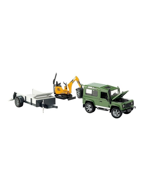 Bruder Land Rover Defender one axle trailer, JCB micro excavator + worker