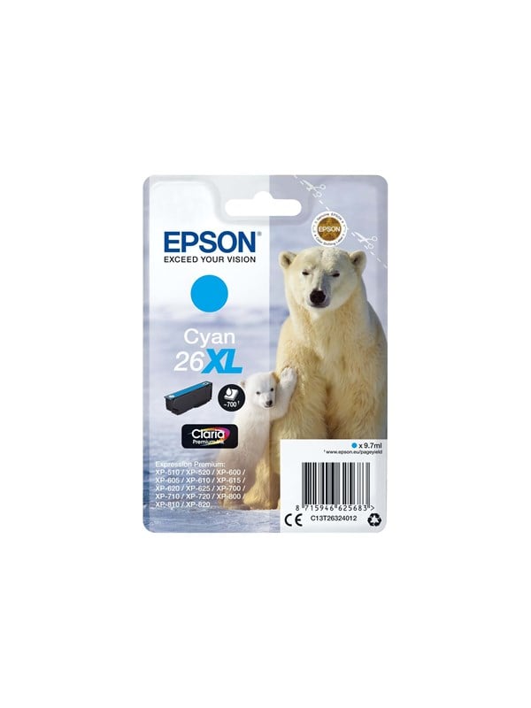 Epson 26XL - 8.7 ml - XL - cyan - original - blister - blækpatron - for Expression Premium XP-510, 520, 600, 605, 610, 615, 620, 625, 700, 710, 720, 800, 810, 820