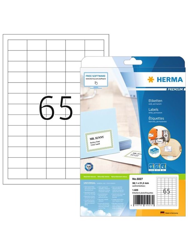 HERMA Special - Selv-klæbende - hvid - 38.1 x 21.2 mm 1625 stk. (25 ark x 65) adresseetiketter