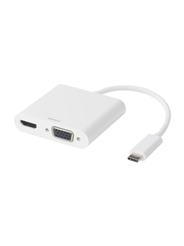 DELTACO USB-C docking station, HDMI/VGA/USB-C, 100W USB-C PD 3.0, whit