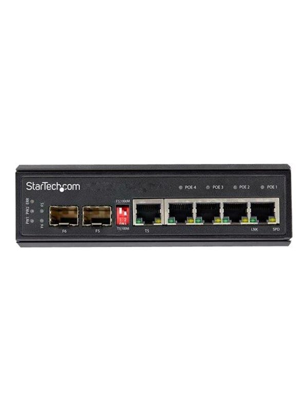 StarTech.com Industrial 5 Port Gigabit Ethernet Switch - 4 PoE RJ45 +2 SFP Slots 30W PoE+ 12-48VDC 10/100/1000 Rugged Power Over Ethernet LAN Switch -40C to 75C - DIN Mountable - switch - 6 ports