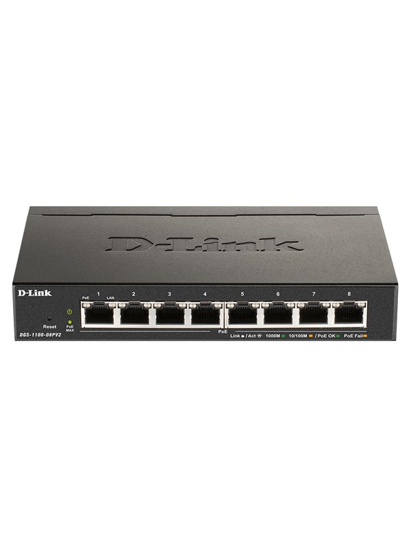 D-Link DGS-1100-08PV2 8-ports Gigabit Smart Managed Switch med PoE+ (64W)