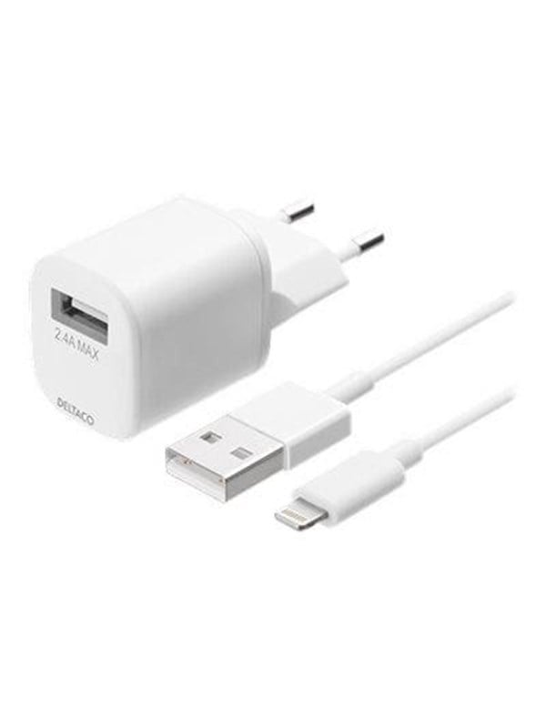 DELTACO USB wall charger, USB-A, 2,4 A, incl. 1 m USB-A to Lightning