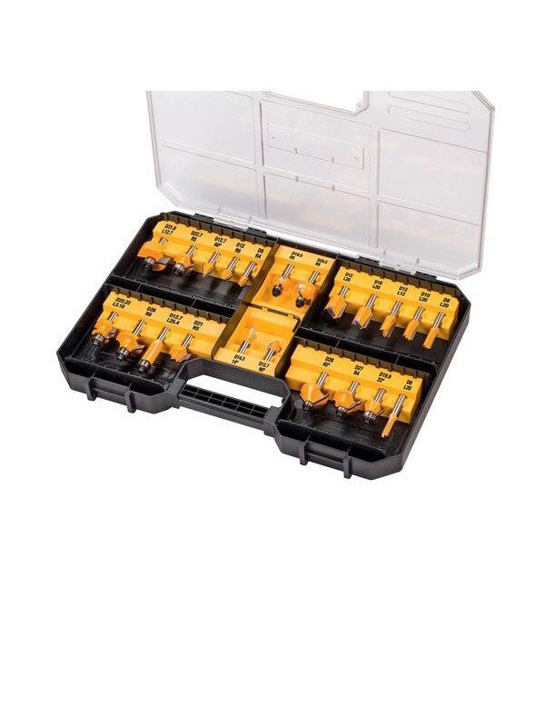 Dewalt 22 Piece Router Bit Set - 8mm Shaft - + Storage Box With Clear Cover