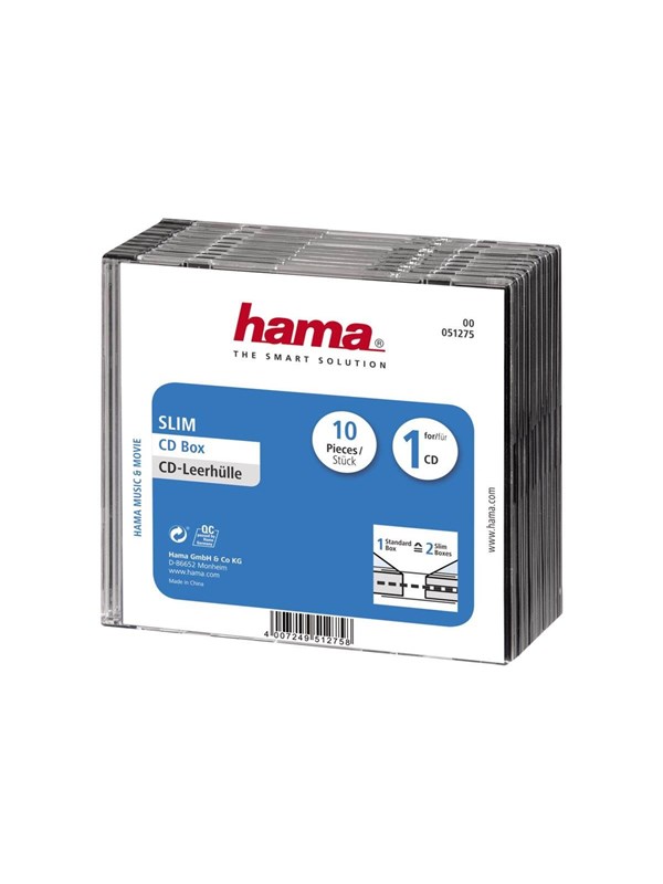 Hama - Smal cd-boks til lagring af CD'er - kapacitet: 1 CD - gennemsigtig sort (pakke med 10)