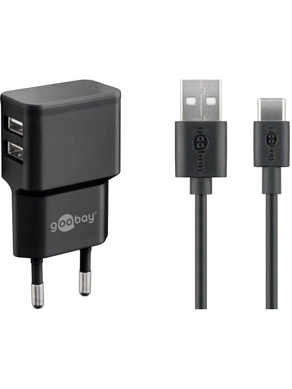 Goobay USB-C™ Dual laddningssats (12 W) Strömförsörjning med 2x USB-uttag och USB Type-C™ 1 m kabel (svart)