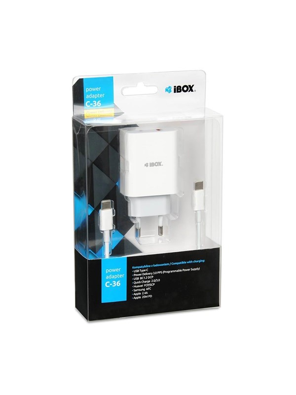 iBox ILUC36W vægoplader 20 W GaN med USB‑C PD og USB‑A - hvid