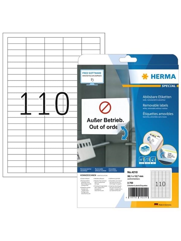 HERMA Special - Papir - mat - aftagelig selvklæbende - hvid - 38.1 x 12.7 mm 2750 etikette(r) (25 ark x 110) etiketter