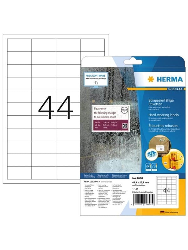 HERMA Special etiket 48.3 x 25.4 mm hvid mat selvklæbende permanent m/1100 etiketter (25 ark x 44 stk.)