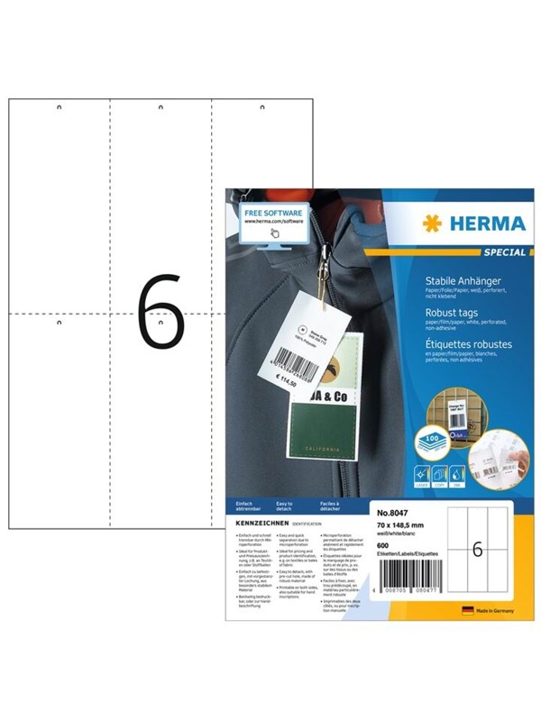 HERMA Special - Ikke-klæbende - perforeret - hvid - 70 x 148.5 mm 600 etikette(r) (100 ark x 6) etiketter