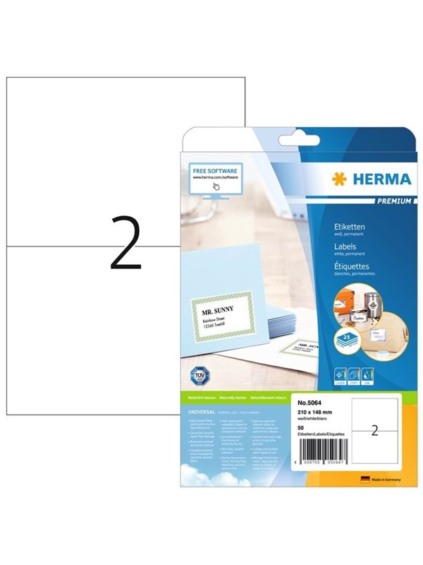 HERMA Premium - Papir - mat - permanent selvklæbende - hvid - 210 x 148 mm 50 etikette(r) (25 ark x 2) laminerede etiketter