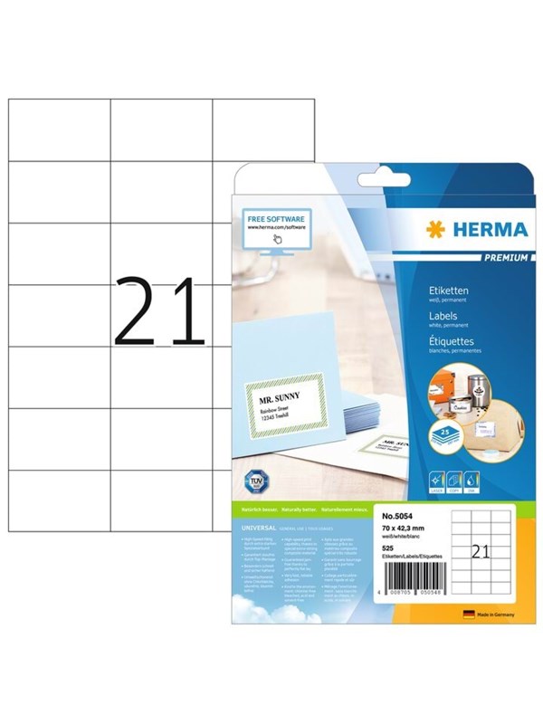 HERMA Premium - Papir - mat - permanent selvklæbende - hvid - 70 x 42.3 mm 525 etikette(r) (25 ark x 21) laminerede etiketter