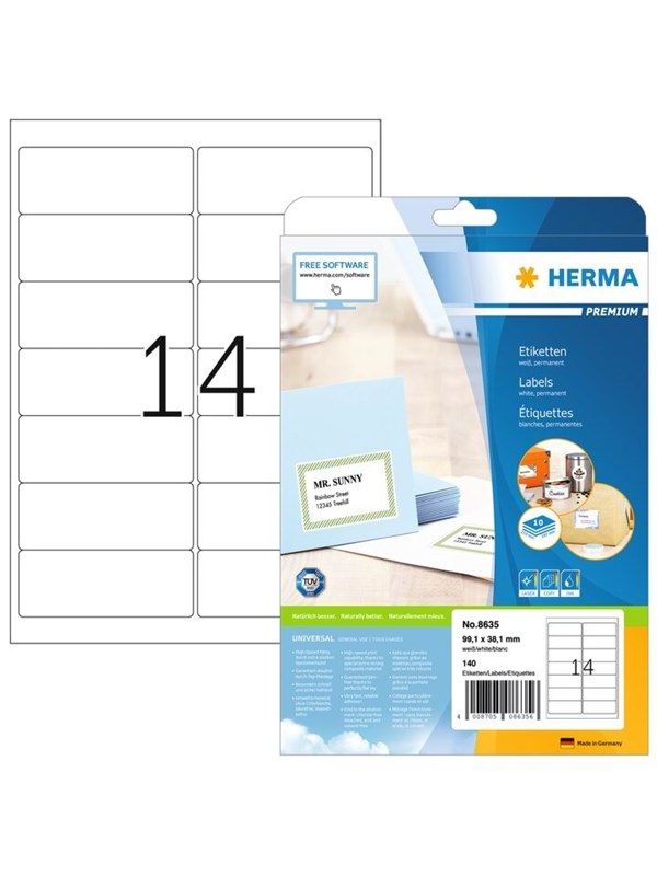 HERMA Premium - Papir - mat - permanent selvklæbende - hvid - 99.1 x 38.1 mm 140 etikette(r) (10 ark x 14) laminerede adressemærkater