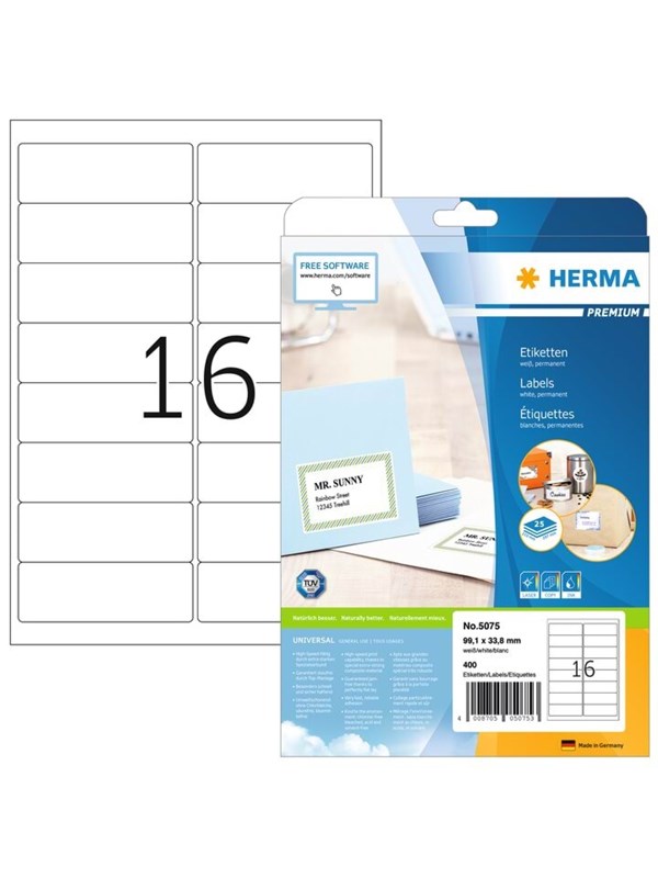 HERMA Premium - Papir - mat - permanent selvklæbende - hvid - 99.1 x 33.8 mm 400 etikette(r) (25 ark x 16) laminerede adressemærkater