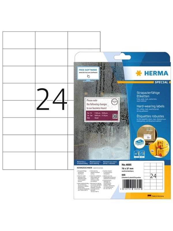 HERMA Special - Mat - permanent selvklæbende - hvid - 70 x 37 mm 600 etikette(r) (25 ark x 24) filmmærkater