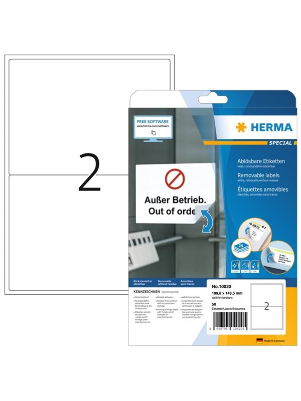 HERMA 10020, Hvid, Selvklæbende printeretiket, A4, Papir, Laser/inkjet, Aftagelig