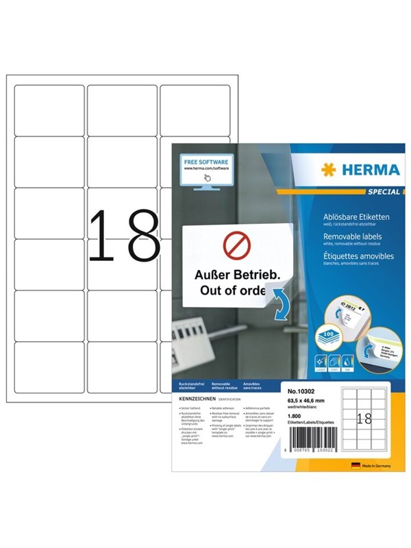 HERMA Special - Papir - mat - aftagelig selvklæbende - hvid - 63.5 x 46.6 mm 1800 etikette(r) (100 ark x 18) etiketter