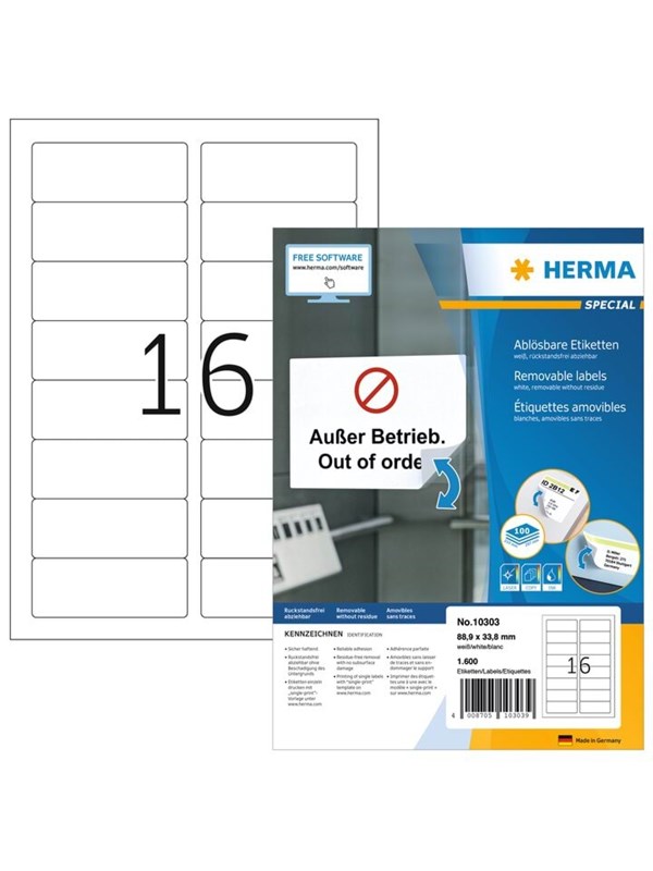 HERMA Special - Papir - mat - aftagelig selvklæbende - hvid - 88.9 x 33.8 mm 1600 etikette(r) (100 ark x 16) etiketter