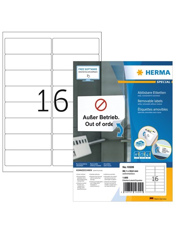 HERMA Special - Genpositionerbart klæbemiddel - hvid - 99.1 x 33.8 mm 1600 etikette(r) (100 ark x 16) adresseetiketter