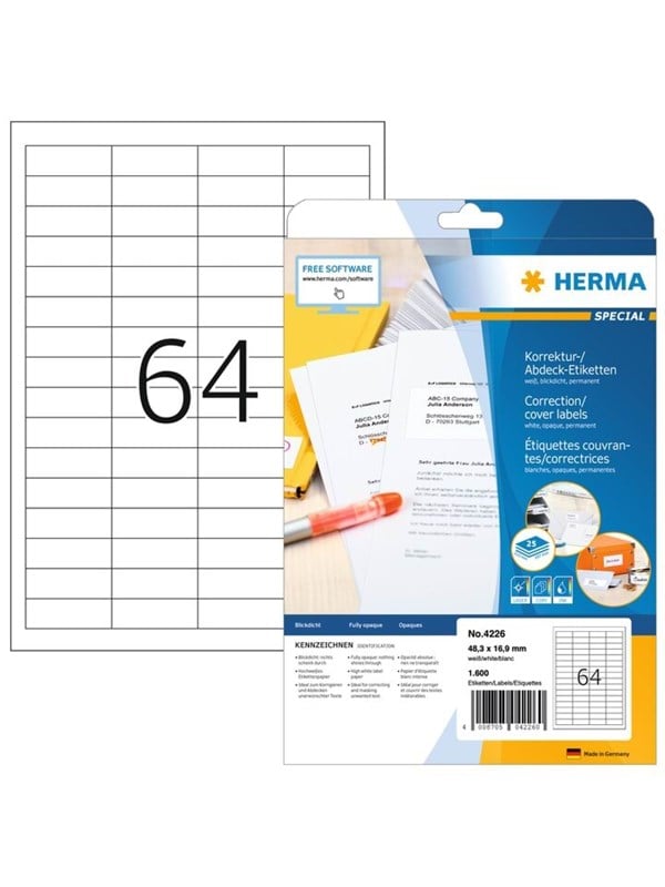 HERMA Special - Hvid - 48.3 x 16.9 mm 1600 etikette(r) (25 ark x 64) permanent selvklæbende matte uigennemsigtige korrektions/afdæknings-papirmærkater