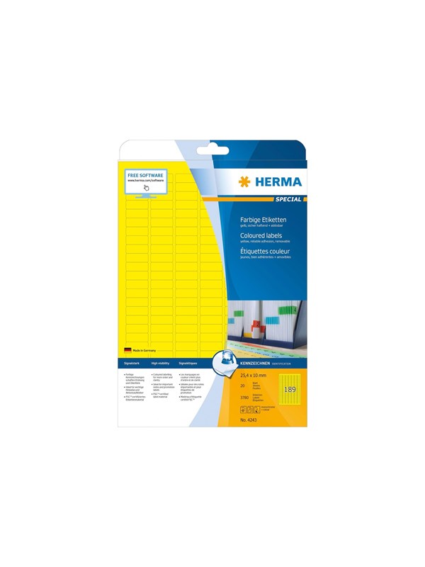 HERMA Special - Papir - mat - permanent selvklæbende - gul - 25.4 x 10 mm 3780 etikette(r) (20 ark x 189 etiketter