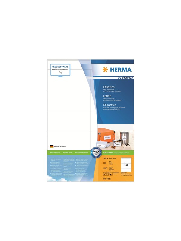 HERMA Premium - Papir - mat - permanent selvklæbende - hvid - 105 x 50.8 mm 1000 etikette(r) (100 ark x 10) laminerede etiketter