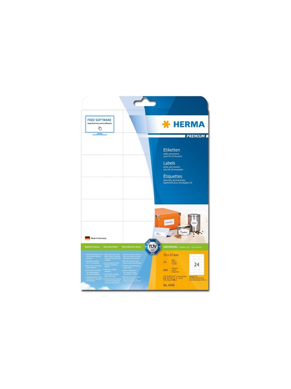 HERMA Premium - Papir - mat - permanent selvklæbende - hvid - 70 x 37 mm 600 etikette(r) (25 ark x 24) laminerede etiketter