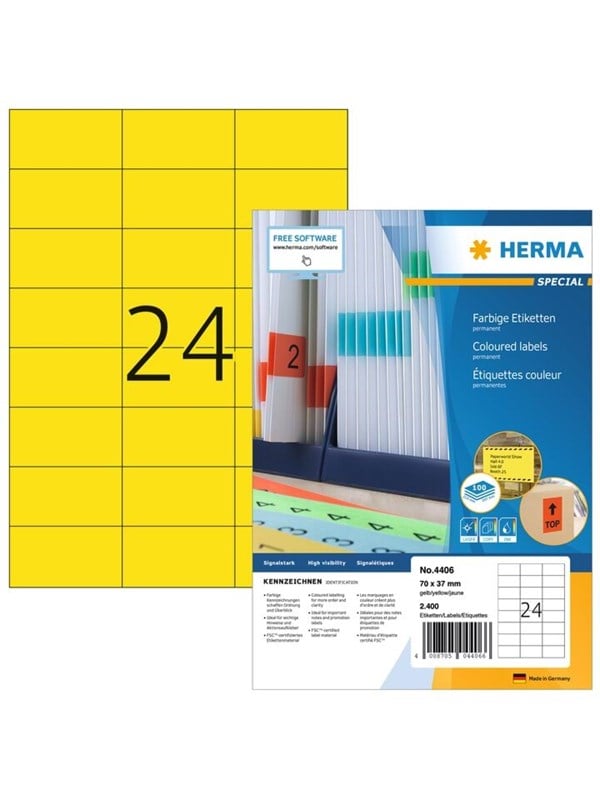 HERMA Special - Papir - mat - permanent selvklæbende - gul - 70 x 37 mm 2400 etikette(r) (100 ark x 24) etiketter