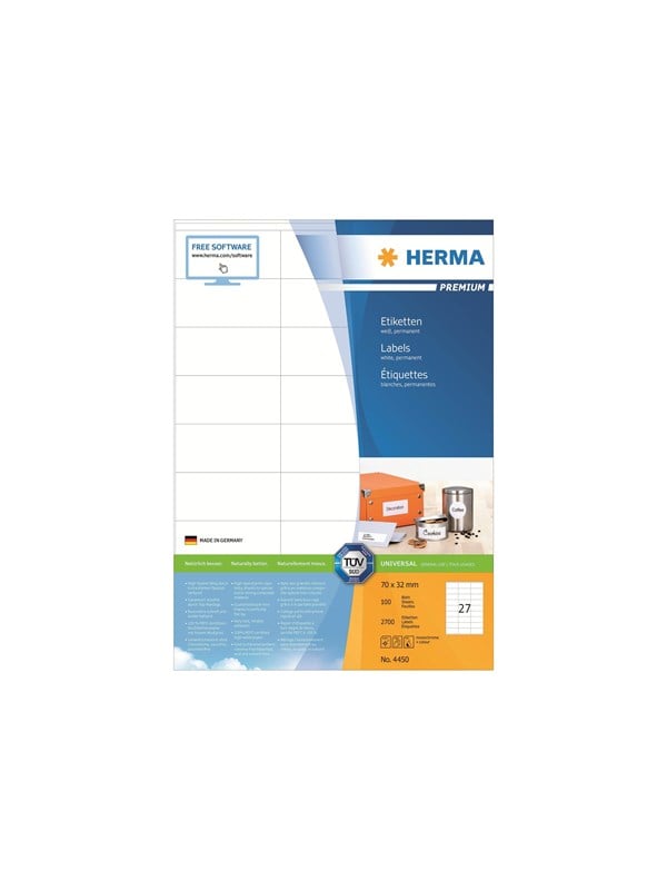 HERMA Premium - Papir - mat - permanent selvklæbende - hvid - 70 x 32 mm 2700 etikette(r) (100 ark x 27) laminerede etiketter