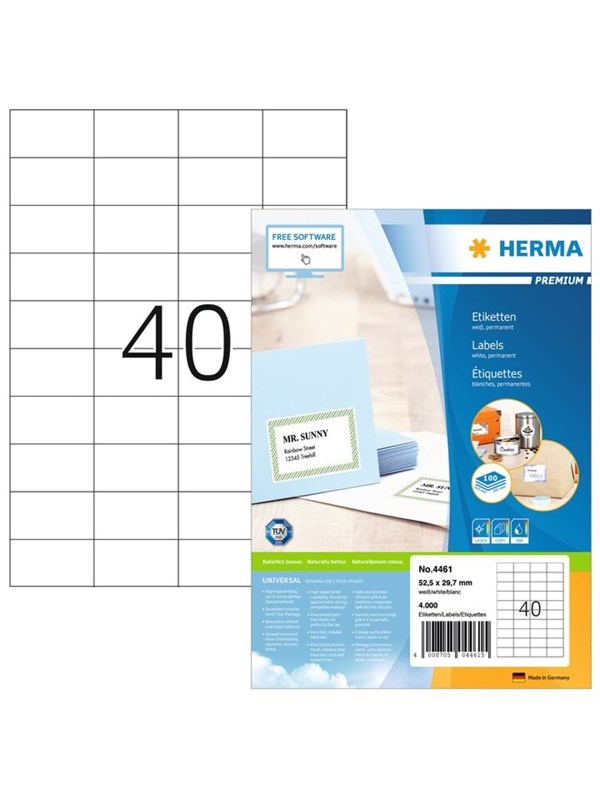HERMA Premium - Papir - mat - permanent selvklæbende - hvid - 52.5 x 29.7 mm 4000 etikette(r) (100 ark x 40) laminerede etiketter