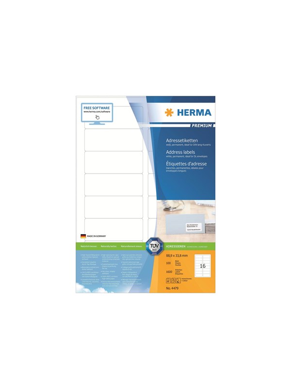 HERMA Premium - Papir - mat - permanent selvklæbende - hvid - 88.9 x 33.8 mm 1600 etikette(r) (100 ark x 16) laminerede adressemærkater