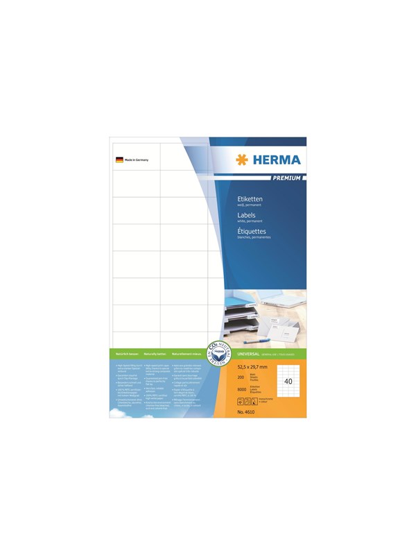 HERMA Premium - Papir - mat - permanent selvklæbende - hvid - 52.5 x 29.7 mm 8000 etikette(r) (200 ark x 40) laminerede etiketter