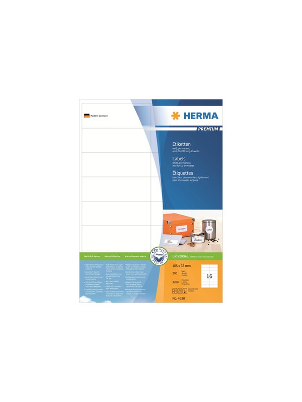 HERMA Premium etiketter A4 - 105 × 37 mm, hvid mat, 3.200 stk.