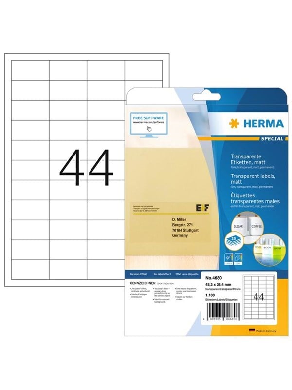 HERMA Special etiket 48.3 x 25.4 mm hvid mat selvklæbende permanent - gennemsigtig m/1100 etiketter (25 ark x 44 stk.)