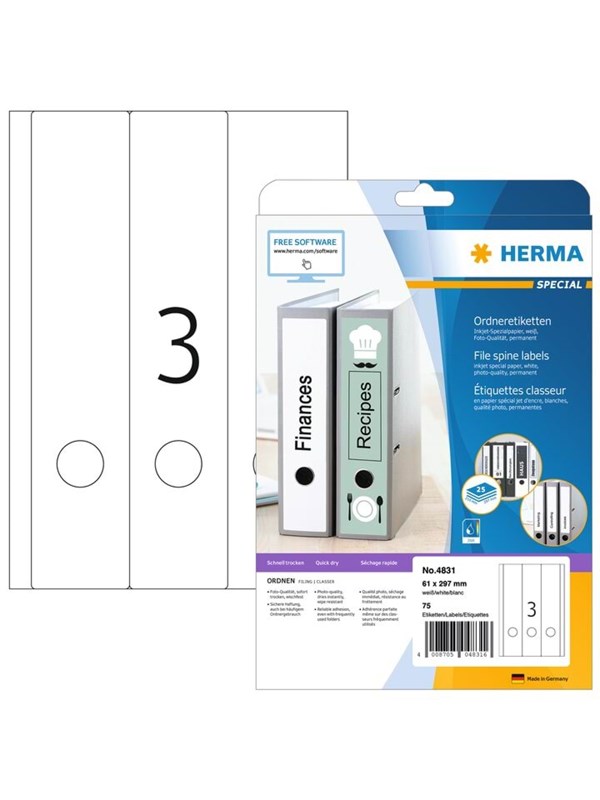 HERMA Special - Papir - mat - permanent selvklæbende - belagt - hvid - 61 x 297 mm - 90 g/m² - 75 etikette(r) (25 ark x 3) etiketter til filmapper