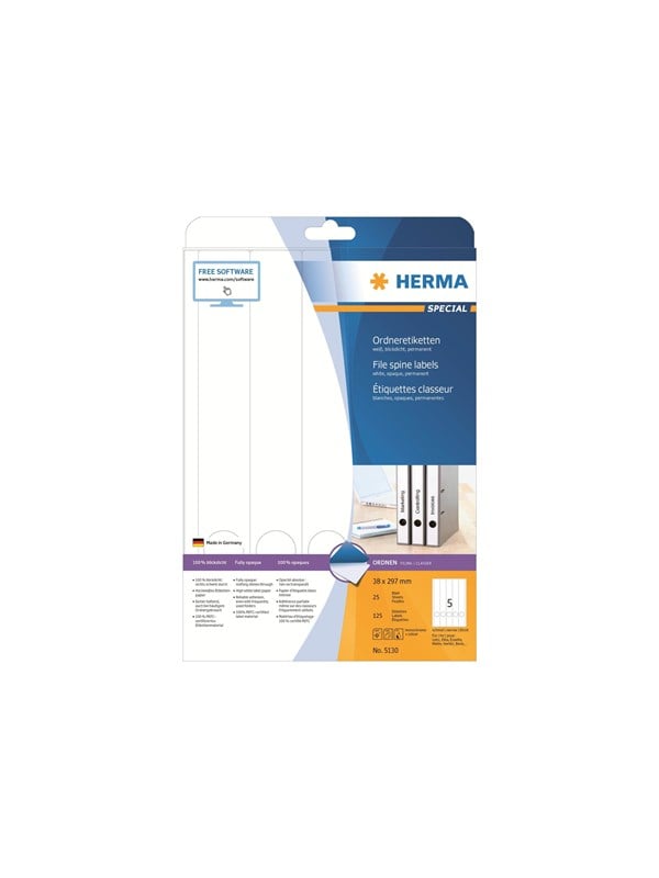 HERMA Special - Papir - mat - permanent selvklæbende - hvid - 38 x 297 mm 125 etikette(r) (25 ark x 5) uigennemsigtige mappemærkater