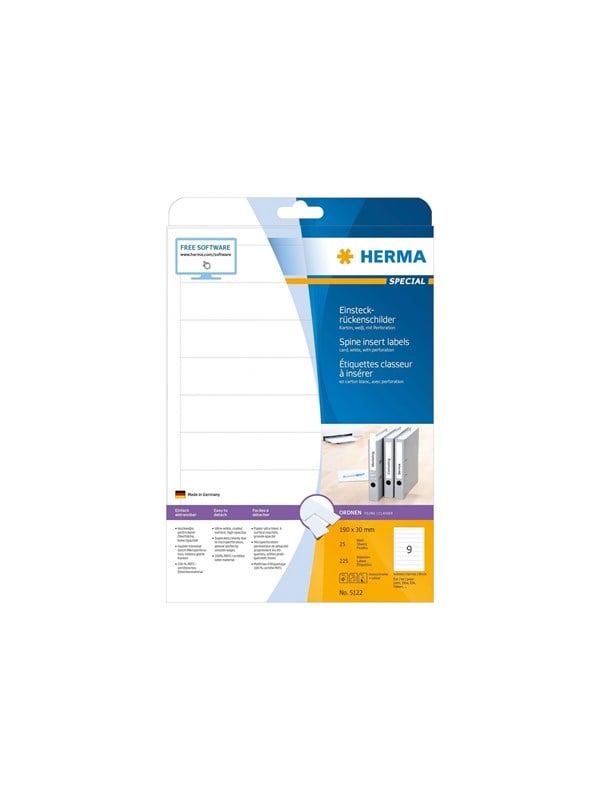 HERMA Special - Pap - ikke-klæbende - belagt - perforeret - hvid - 30 x 190 mm 225 etikette(r) (25 ark x 9) etiketter til filmapper