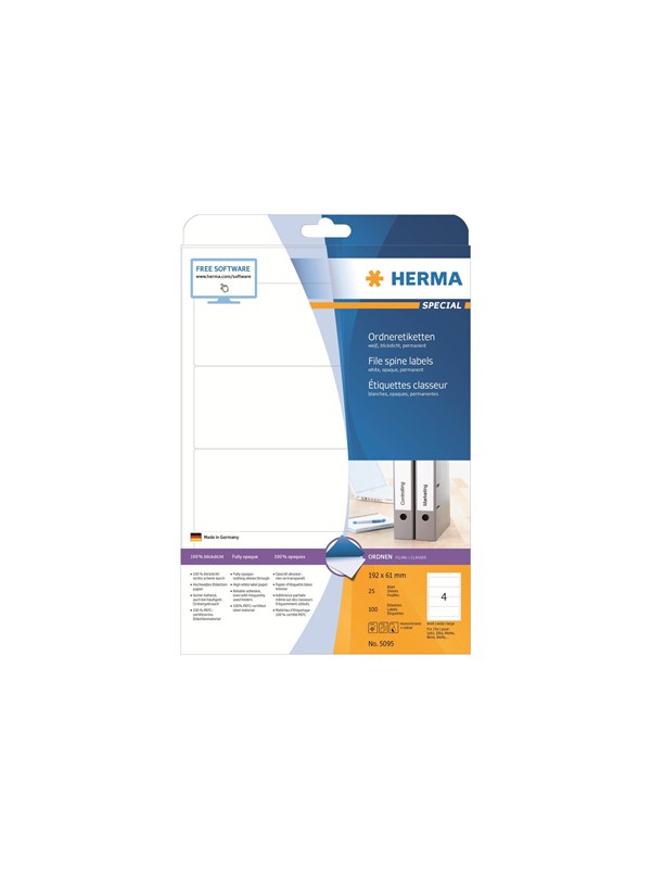 HERMA Special - Papir - mat - permanent selvklæbende - hvid - 192 x 61 mm 100 etikette(r) (25 ark x 4) uigennemsigtige mappemærkater