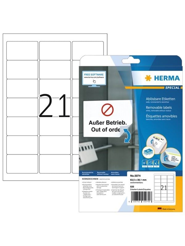 HERMA Special - Papir - mat - genpositionerbar selv-klæbende - hvid - 63.5 x 38.1 mm 525 etikette(r) (25 ark x 21) adresseetiketter