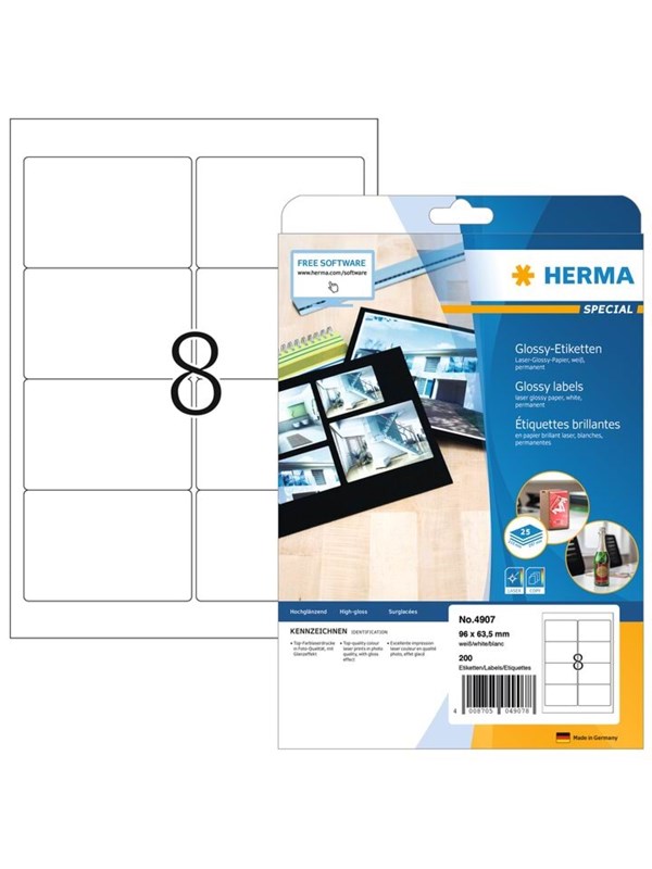 HERMA Special - Papir - høj-skinnende - permanent selvklæbende - hvid - 96 x 63.5 mm 200 etikette(r) (25 ark x 8) etiketter