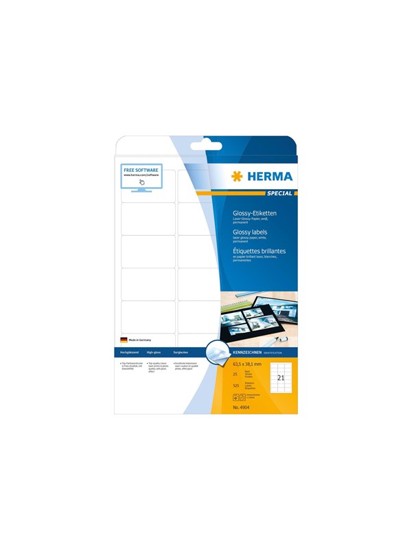 HERMA Special - Papir - høj-skinnende - permanent selvklæbende - hvid - 63.5 x 38.1 mm 525 etikette(r) (25 ark x 21) etiketter