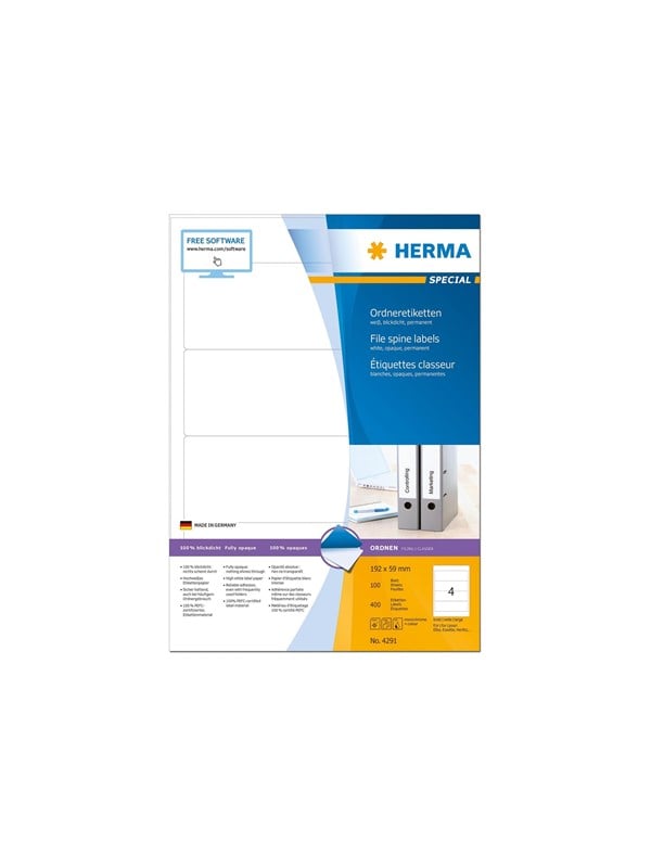 HERMA Special - Papir - mat - permanent selvklæbende - hvid - 192 x 59 mm 400 etikette(r) (100 ark x 4) uigennemsigtige mappemærkater