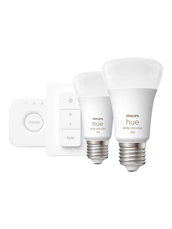 Philips Hue starterkit, 2 x 1100 lm Color & White Ambiance E27-prer, Dimmer Switch, Bridge