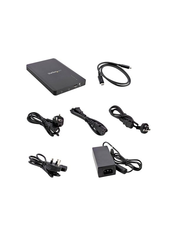 Startech 4 Bay Thunderbolt 3 NVMe Enclosure, For M.2 NVMe Solid State Drives, 1x DisplayPort Video & 2x TB3 Downstream Ports, Up to 40Gbps, 72W Power Supply - 4 Bay M.2 SSD External Hard Drive Enclosure (M2E4BTB3) - Lagringspakning - M.2 - M.2 NVMe Card / PCIe (NVMe) - Thunderbolt 3 - sort