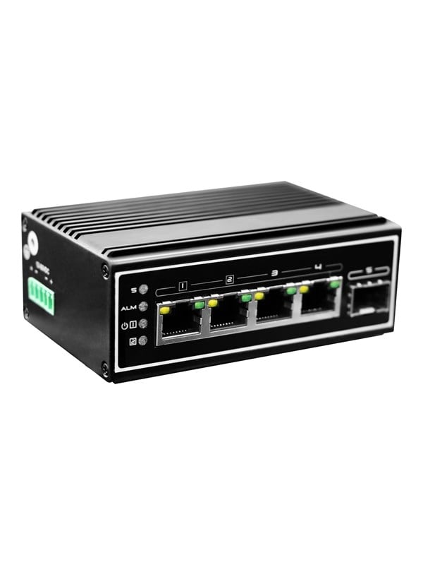 LevelOne IGP-0502 unmanaged gigabit netværksswitch med 4 porte, 1 SFP og PoE, sort