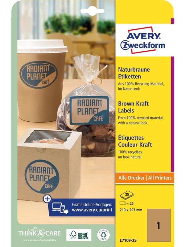 Produktetiketter Avery 210x297 mm (A4) brun genbrugspapir - (25 ark x 1 stk.)