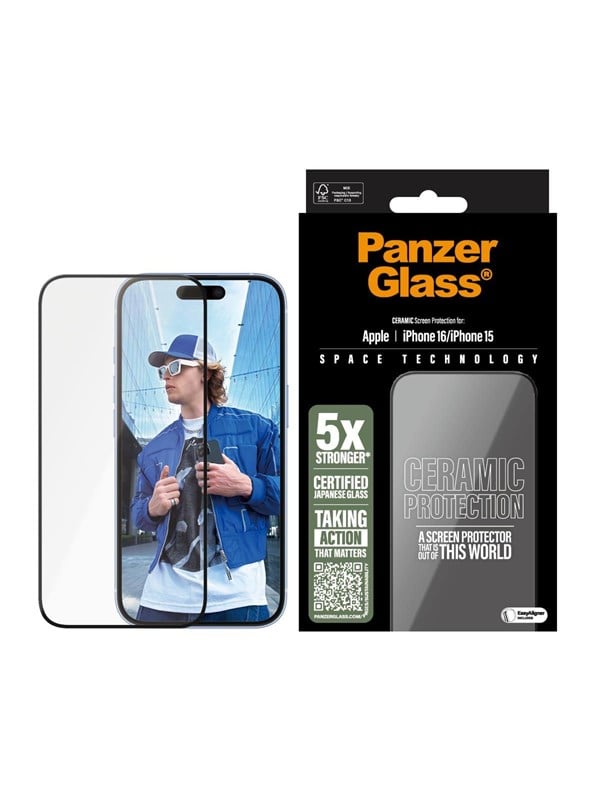PanzerGlass Ceramic Protection - Skærmbeskytter for mobiltelefon - ultrabred pasform - glas - rammefarve sort - for Apple iPhone 16